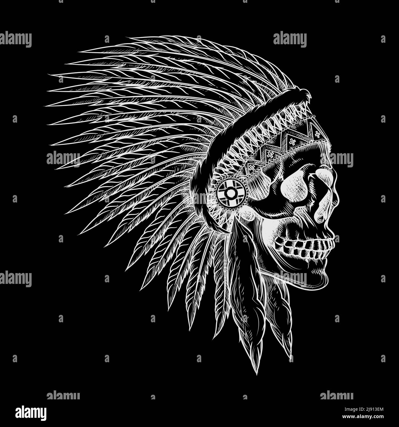 Vector skull of indian chief in hand drawing style. Feather tribal, skeleton western, cowboy and soldier Stock Vector
