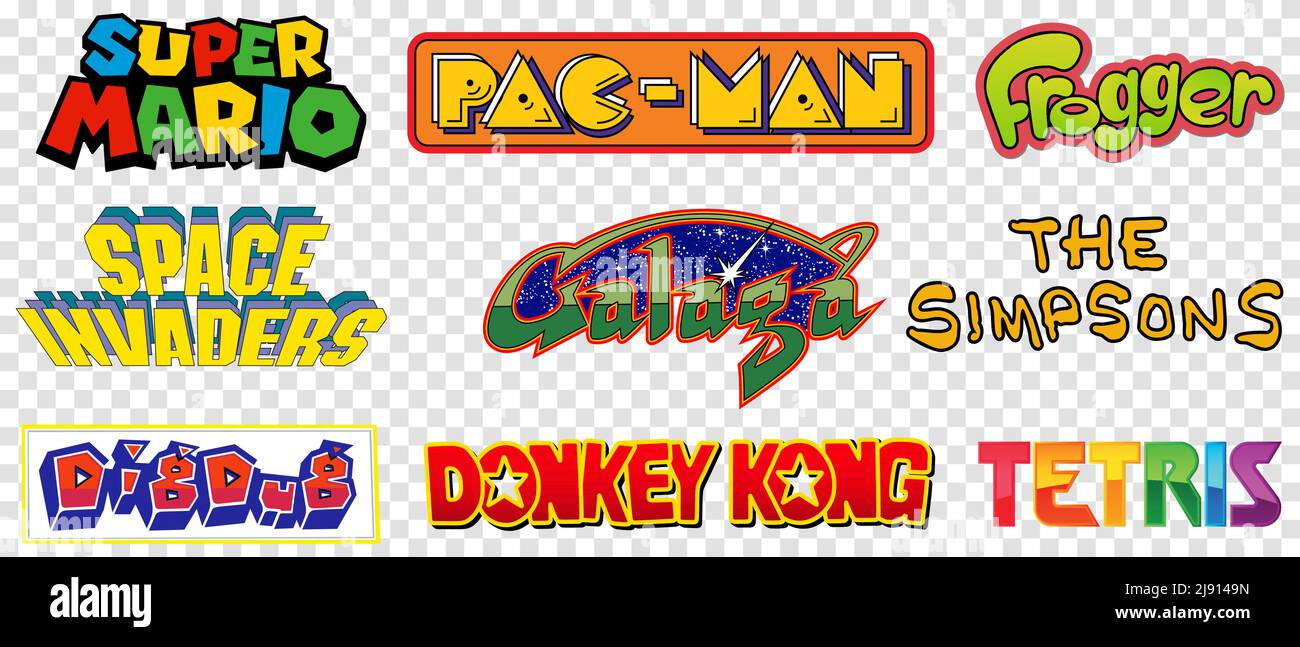 Vinnytsia, Ukraine - May 18, 2022: Top Arcade Games Logos. Super Mario, The Simpsons, Donkey Kong, Pac Man, Frogger, Galaga, etc. Editorial vector iso Stock Vector