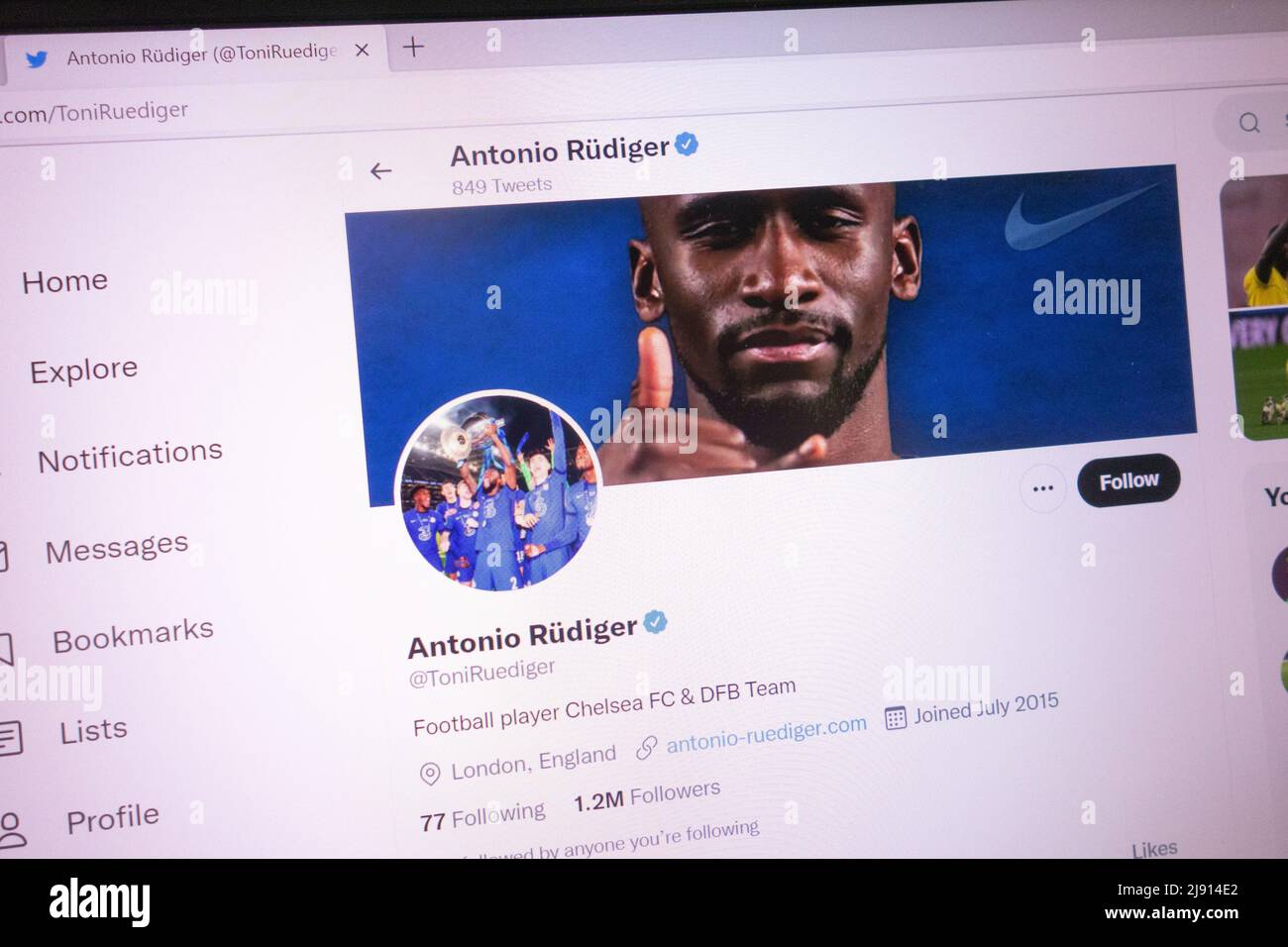 KONSKIE, POLAND - May 18, 2022: Antonio Rudiger official Twitter account displayed on laptop screen Stock Photo