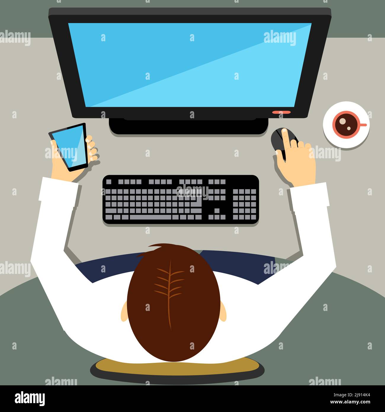 High-angle of a man sitting in the office and working on a desktop computer with blank screen while holding a smart mobile phone with the left hand Stock Vector