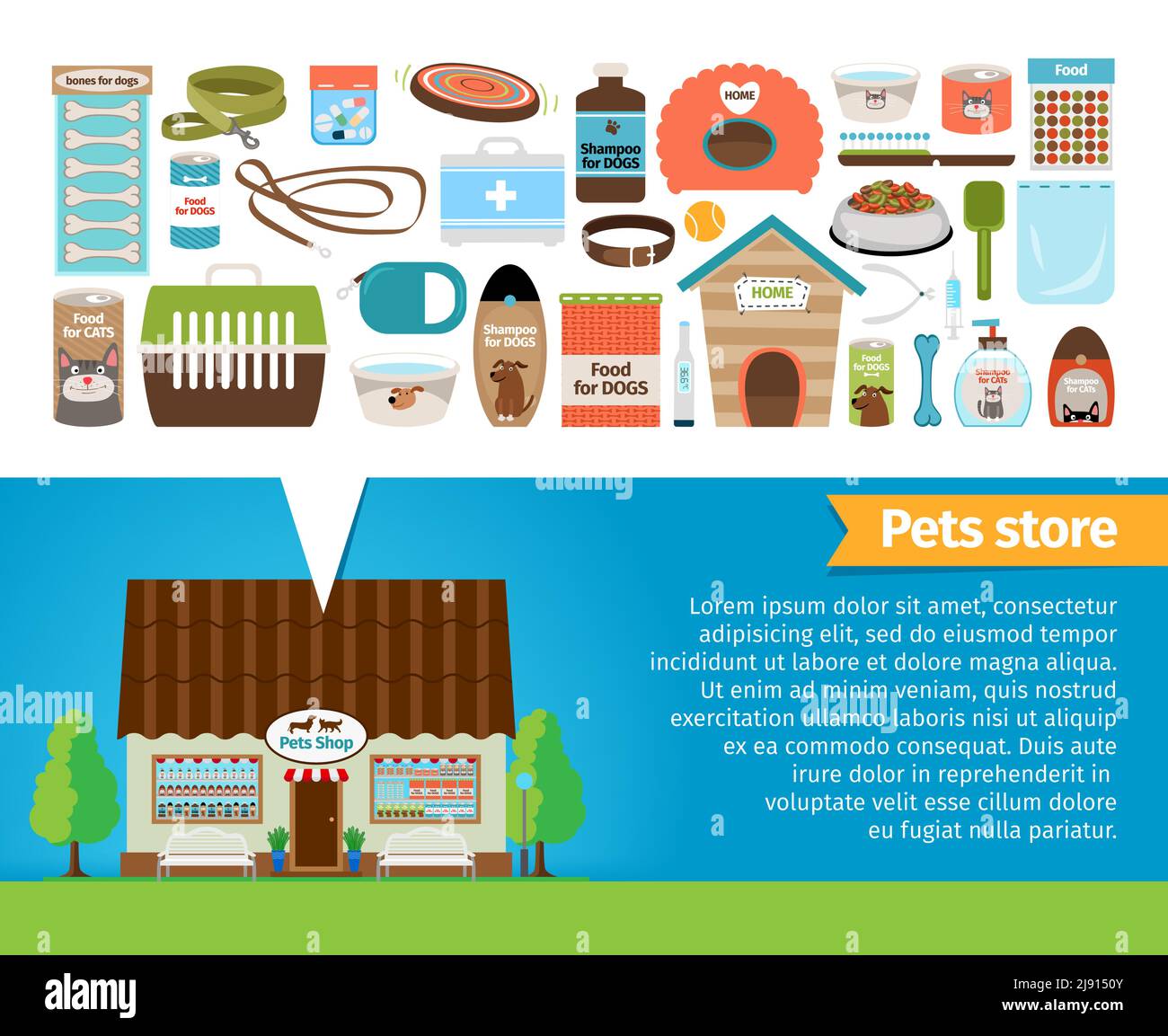 Pet shop. Pets accessories and vet store. Tongs and plate, shampoo and