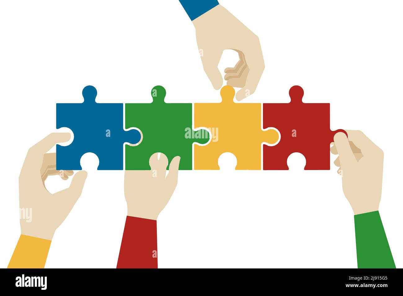 Hands assembling jigsaw puzzle pieces. Teamwork connection, idea connect, solve and success, vector illustration Stock Vector