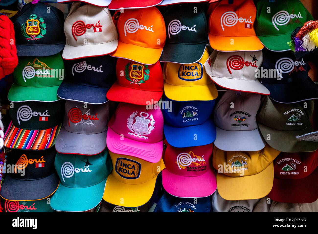 Colourful Caps/Hats For Sale In Aguas Calientes, Cusco Region, Peru. Stock Photo