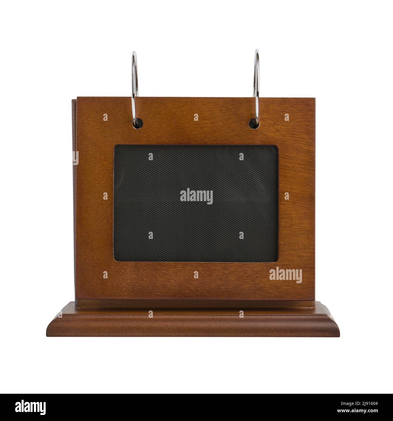 Wooden flip photo frame on stand insulated on white background close up