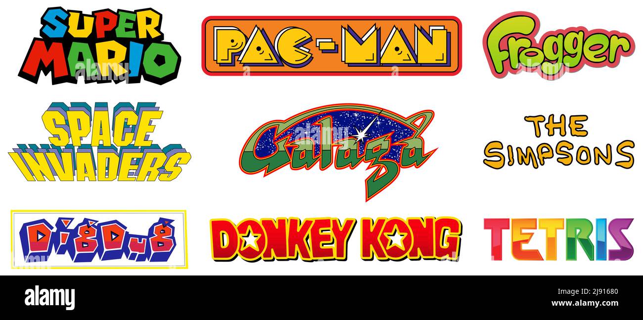 Vinnytsia, Ukraine - May 18, 2022: The Best Vintage Arcade Games Logos. Super Mario, The Simpsons, Donkey Kong, Pac Man, Frogger, Galaga, Dig Dug, Tet Stock Vector