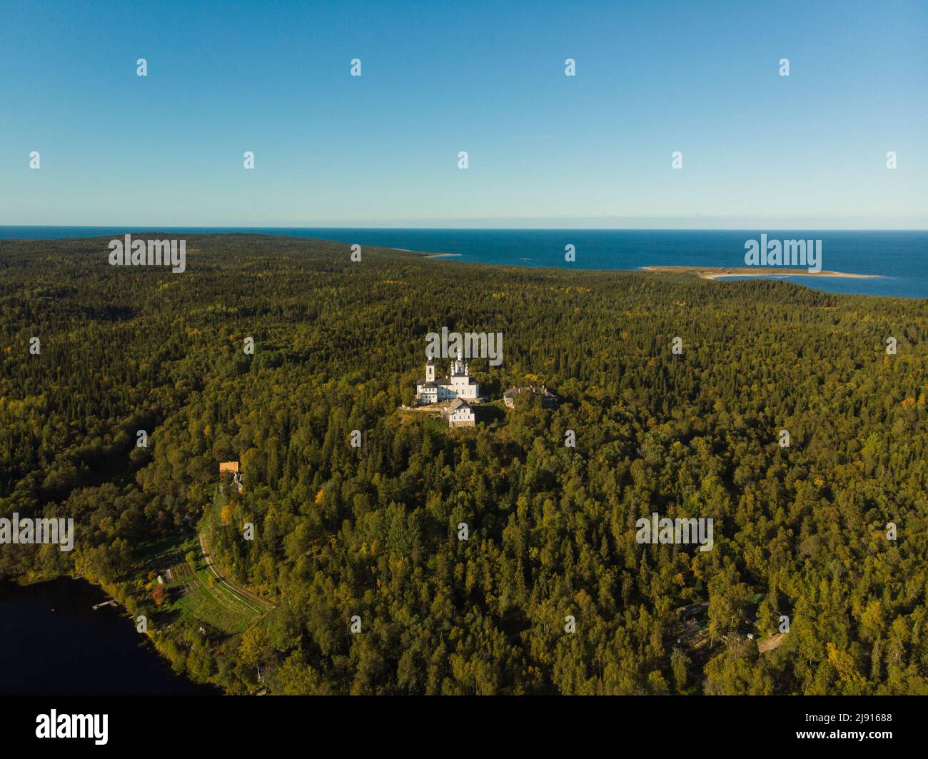 Golgotha-Crucifixion Skete on Anzer Island. Church on the mountain. Mount Calvary. Russia, Arkhangelsk region Stock Photo