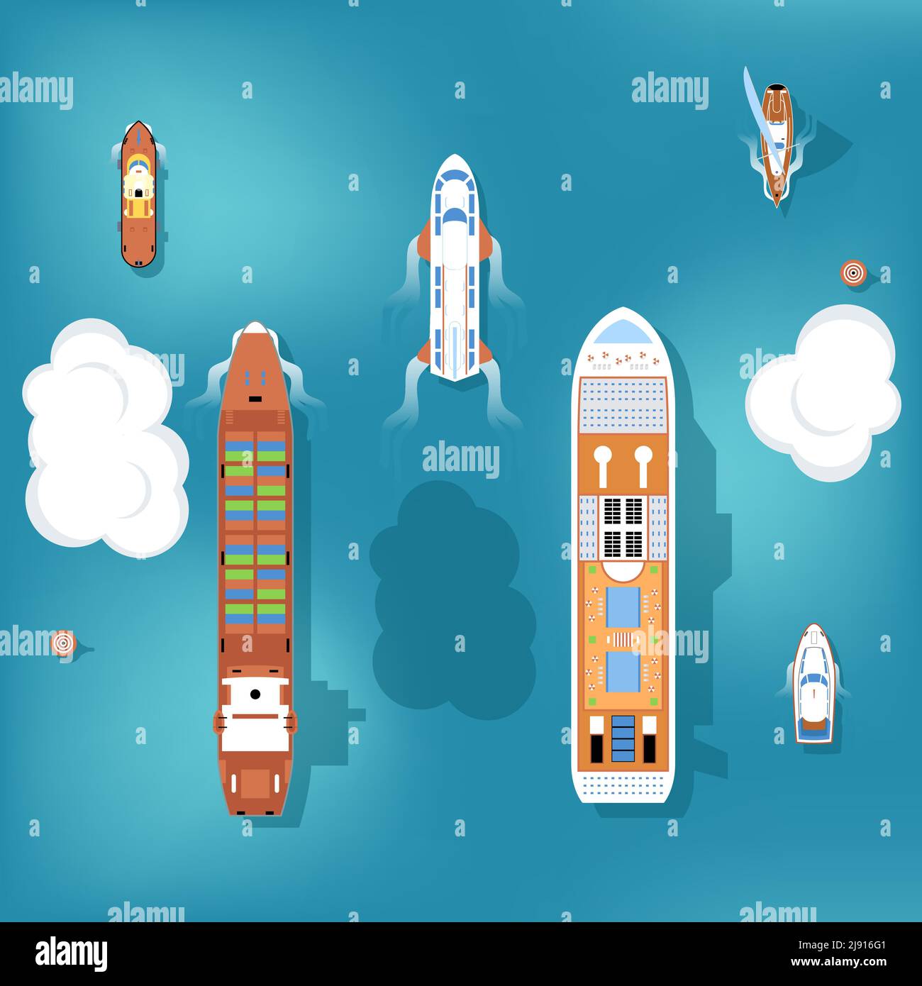 Set of vector ships. Top view. Yacht and travel, ocean and marine, cruise sea, transport boat and ship illustration Stock Vector