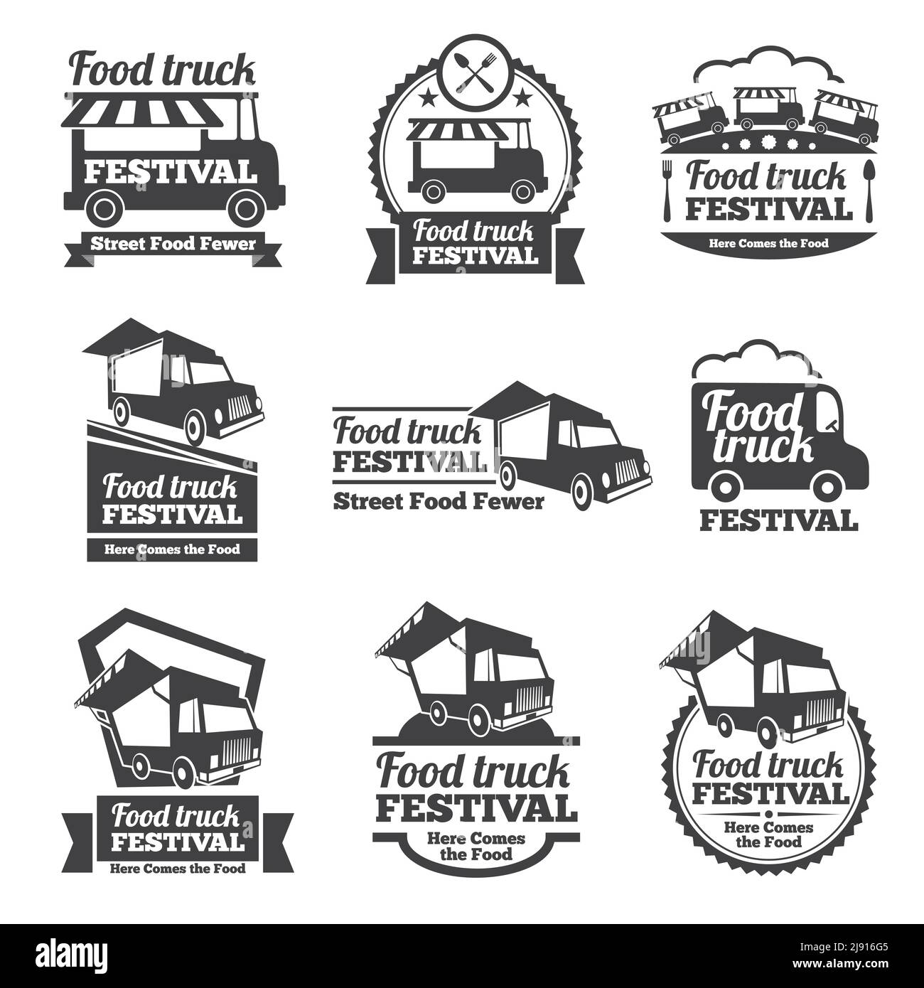 Food truck festival emblems and logos vector set. Festival street food, badge food festival
