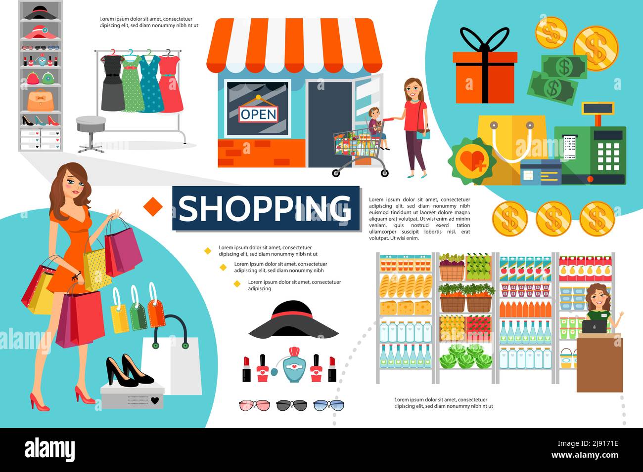Flat shopping infographic concept with female customers store food and ...