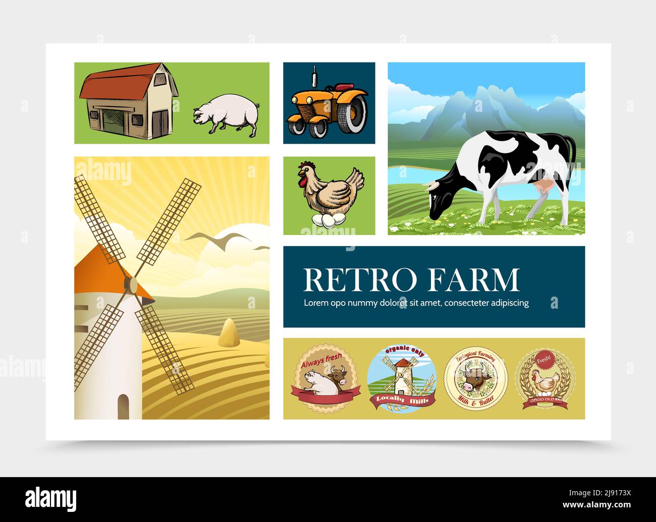 Hobby Farm Graphics Hand drawn retro farm composition with pig chicken tractor barn ...