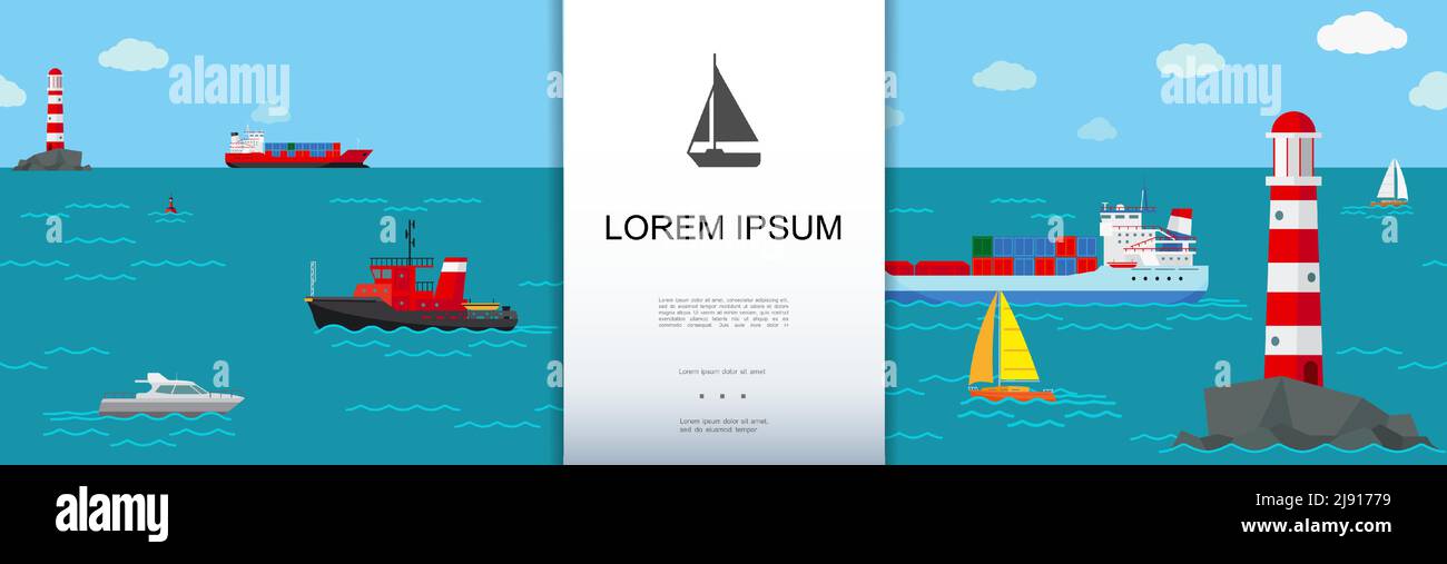 Flat marine transport background with lighthouse buoys different ships ...