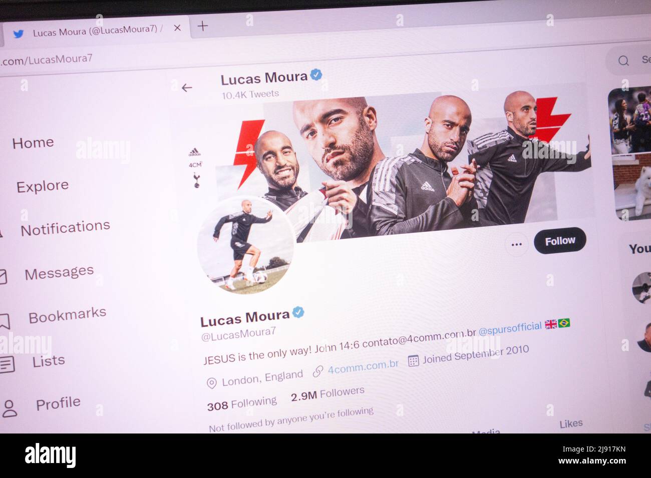 KONSKIE, POLAND - May 18, 2022: Lucas Moura official Twitter account displayed on laptop screen Stock Photo