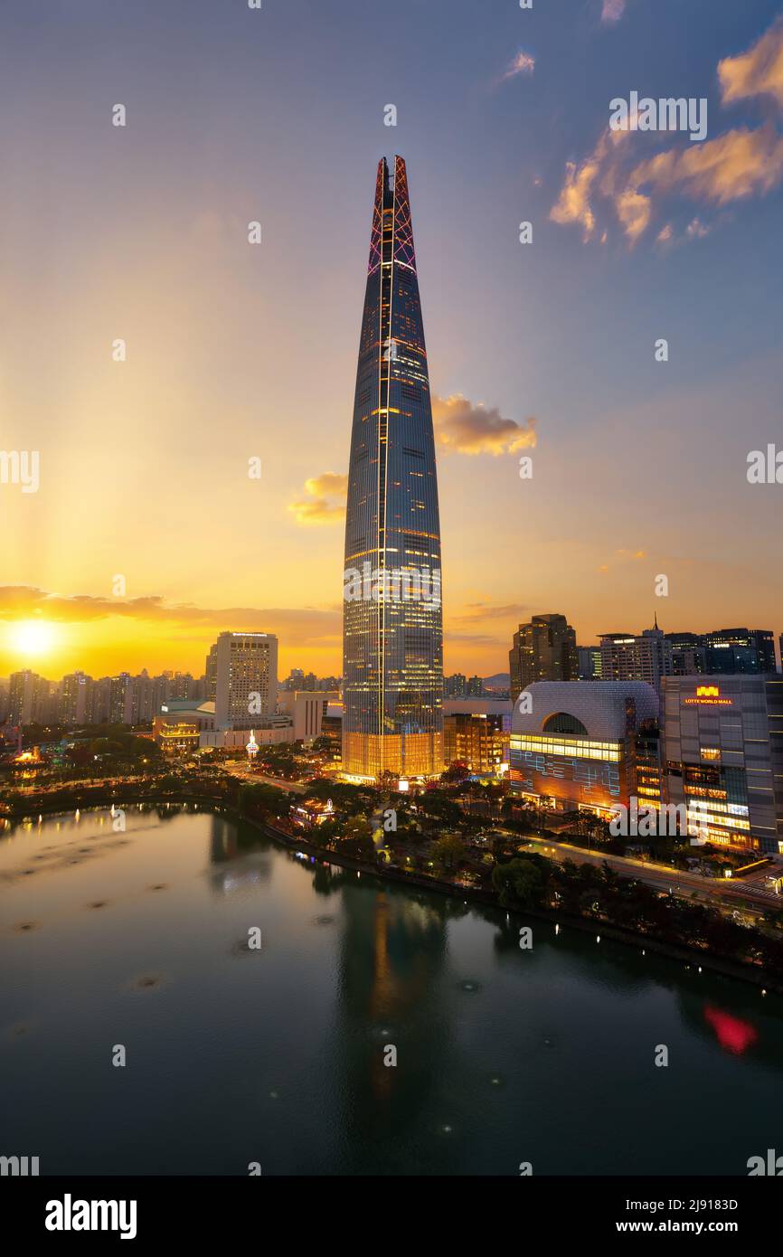 Lotte tower during sunset in Seoul, South Korea, taken in November 2021, post processed using exposure bracketing Stock Photo
