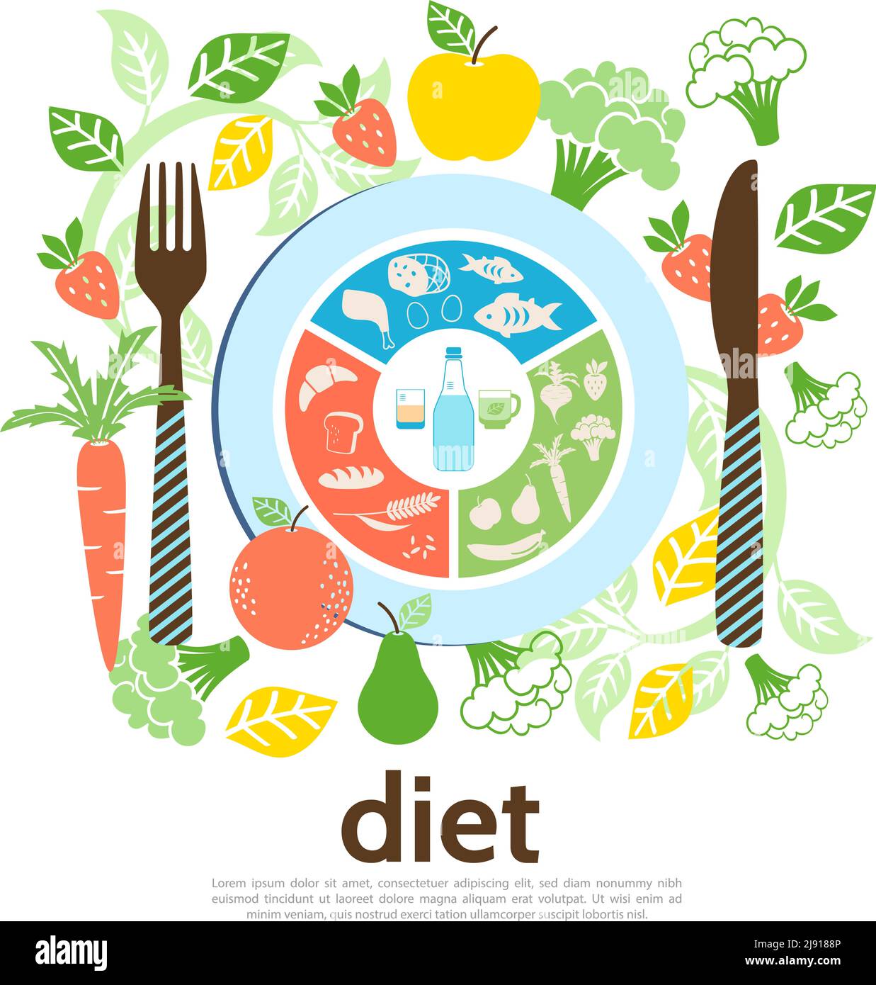 Flat diet template with peach pear apple carrot broccoli strawberry plate fork and knife vector illustration Stock Vector
