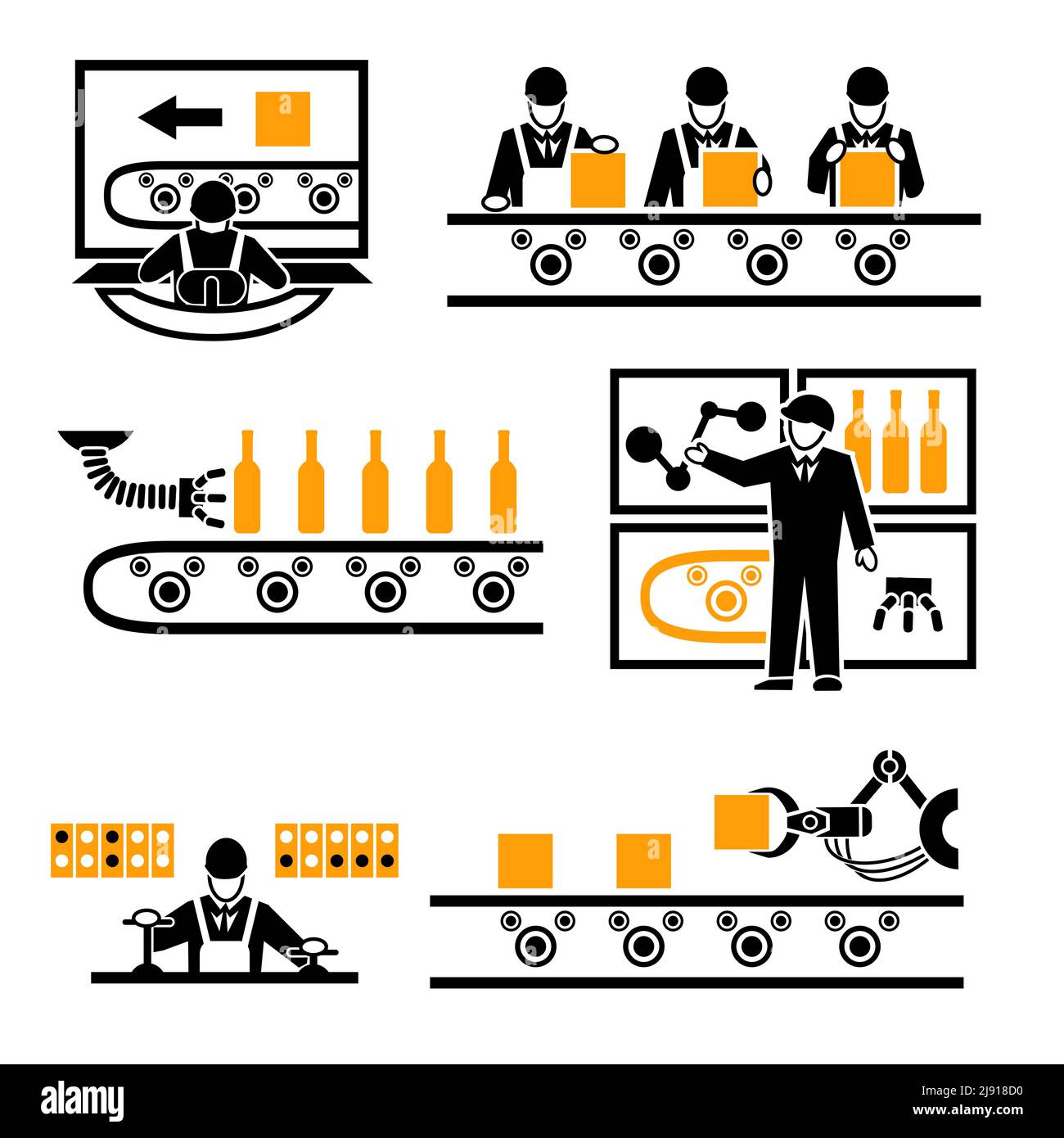 Factory production process icons set. Technology machine, process industrial, manufacturing work, vector illustration Stock Vector