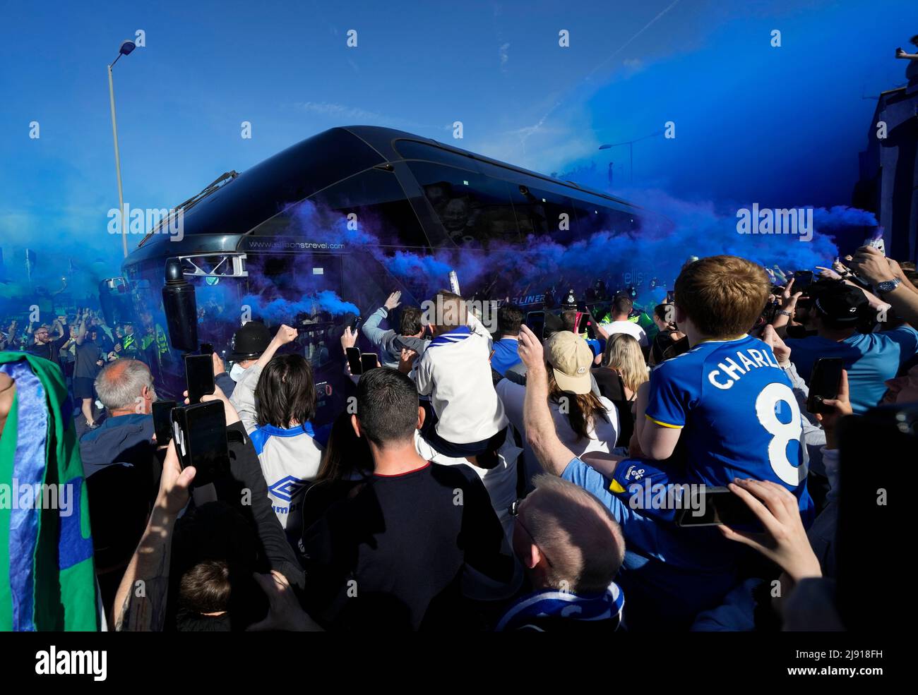 Liverpool, England, 19th May 2022.  Everton fans greet the team coach before the Premier League match at Goodison Park, Liverpool. Picture credit should read: Andrew Yates / Sportimage Stock Photo