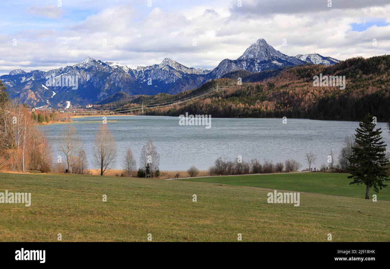 View over Weissensee lake and the Alps. Bavaria, Germany, Europe. Stock Photo