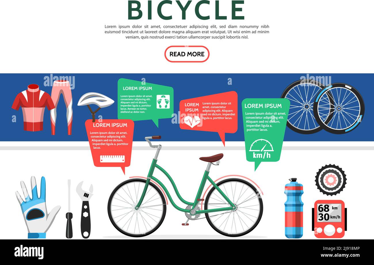 Flat bicycle elements set with bike sportswear helmet wheels bottle
