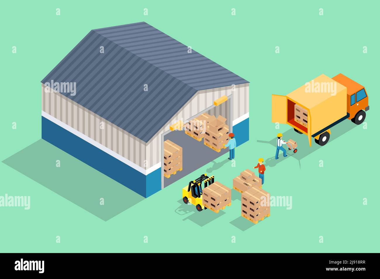 Isometric warehouse. Loading and unloading from warehouse. Storage and ...