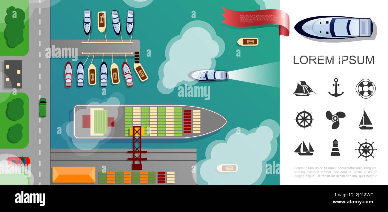 Flat seaport top view concept with cargo ship boats cars riding on road ...