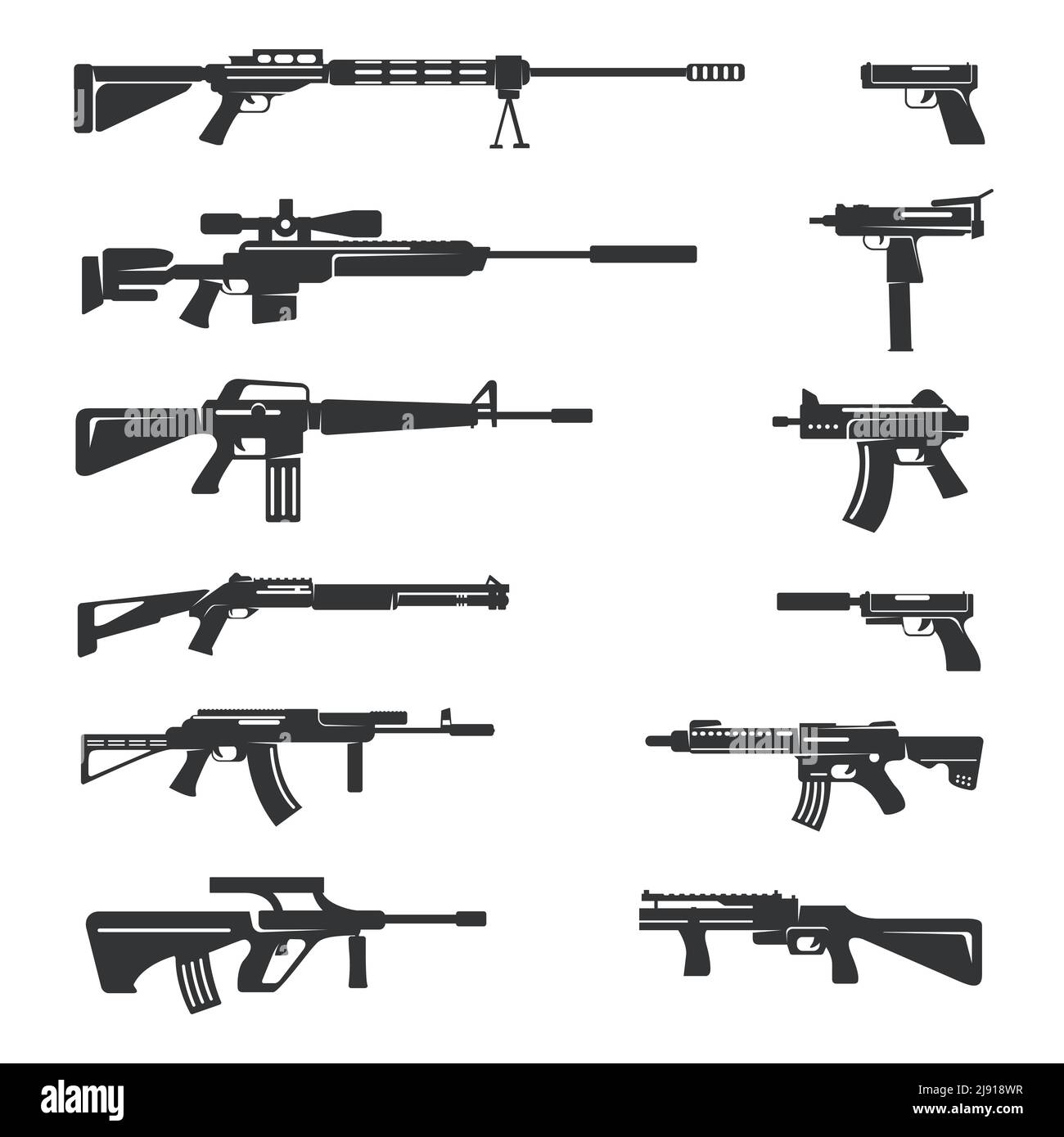Vector set of guns icons.  Weapon object, army and firearm, automatic and danger illustration Stock Vector
