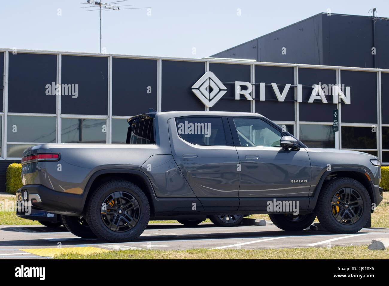 A new Rivian R1T truck is seen at a Rivian service center in South San Francisco, California, on May 1, 2022. Stock Photo