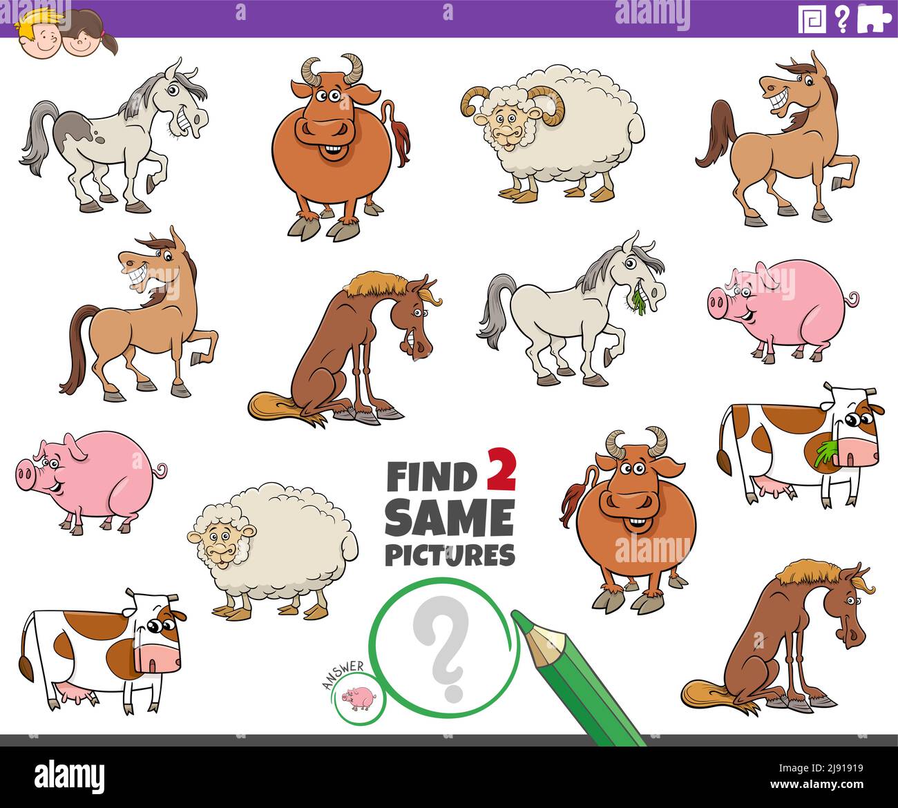 Cartoon illustration of finding two same pictures educational task with ...