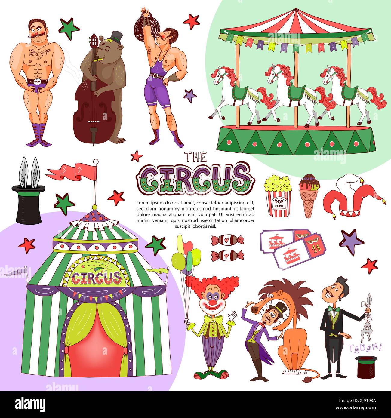 Flat colorful circus template with clown holding balloons magician bear playing cello animal tricks strongmen carousel tent candies tickets popcorn is Stock Vector