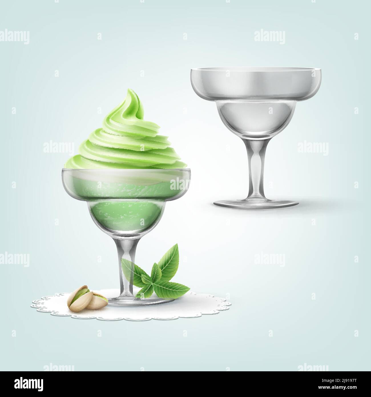 Vector illustration of soft pistachio ice cream with nuts in cup and empty cup isolated on background Stock Vector