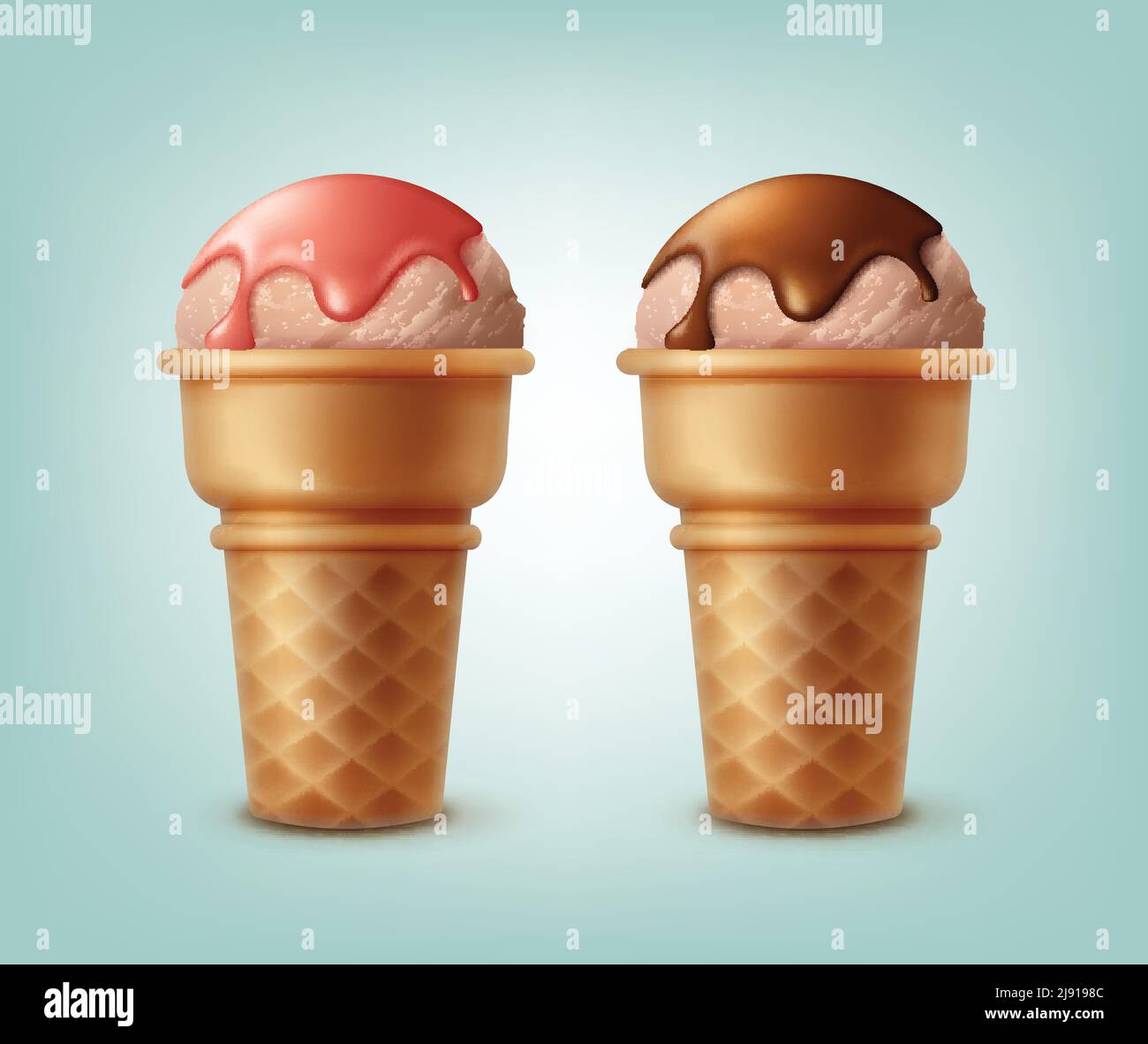 Vector set of ice creams in waffle cones sprinkled with syrup isolated ...