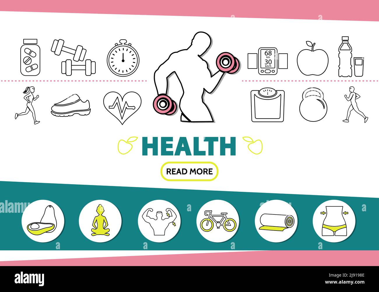 Healthy lifestyle line icons set with strong man vitamins sport ...