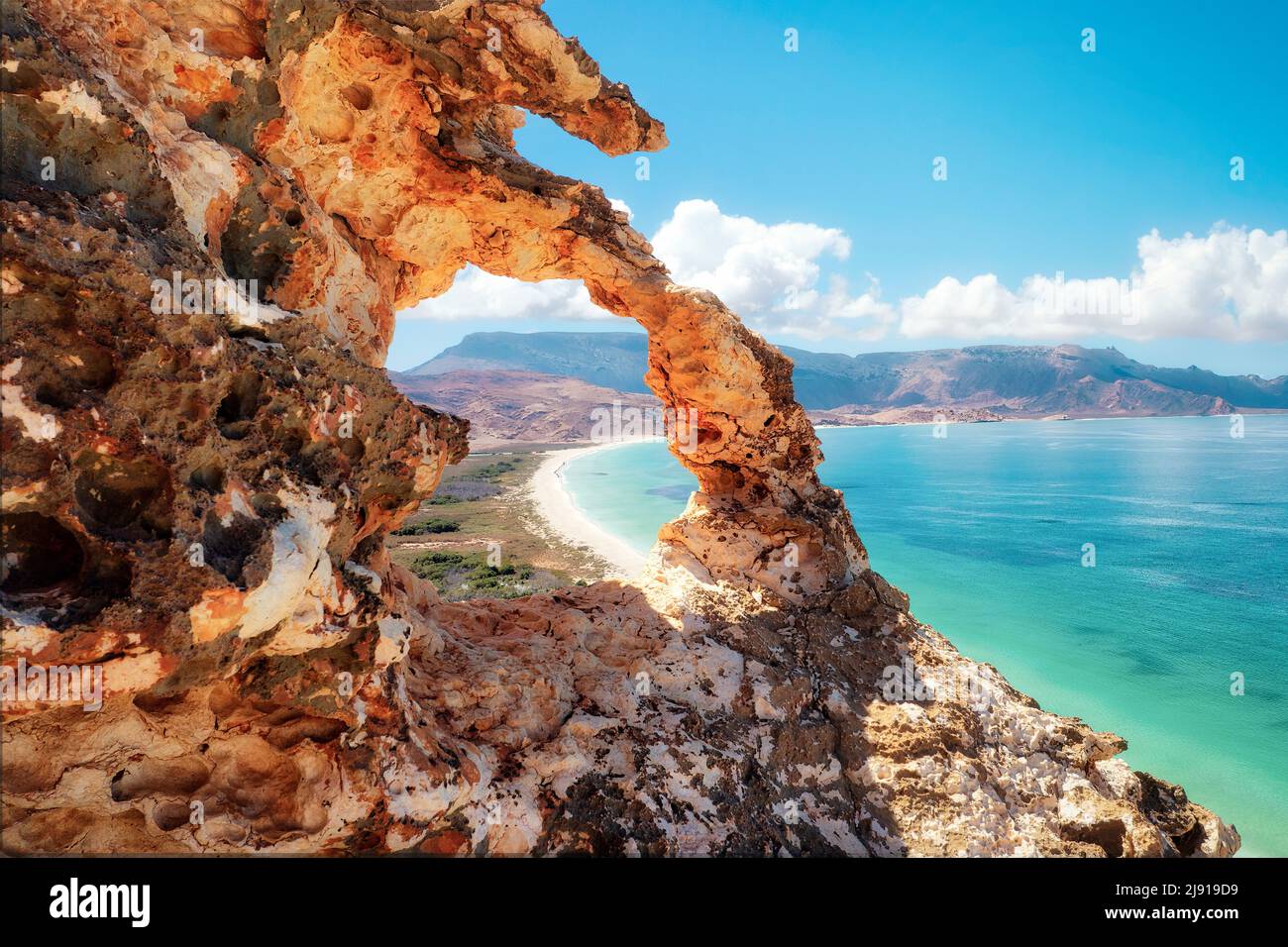 Rock arch overlooking the ocean in western Socotra, Yemen, taken in November 2021, post processed using exposure bracketing Stock Photo