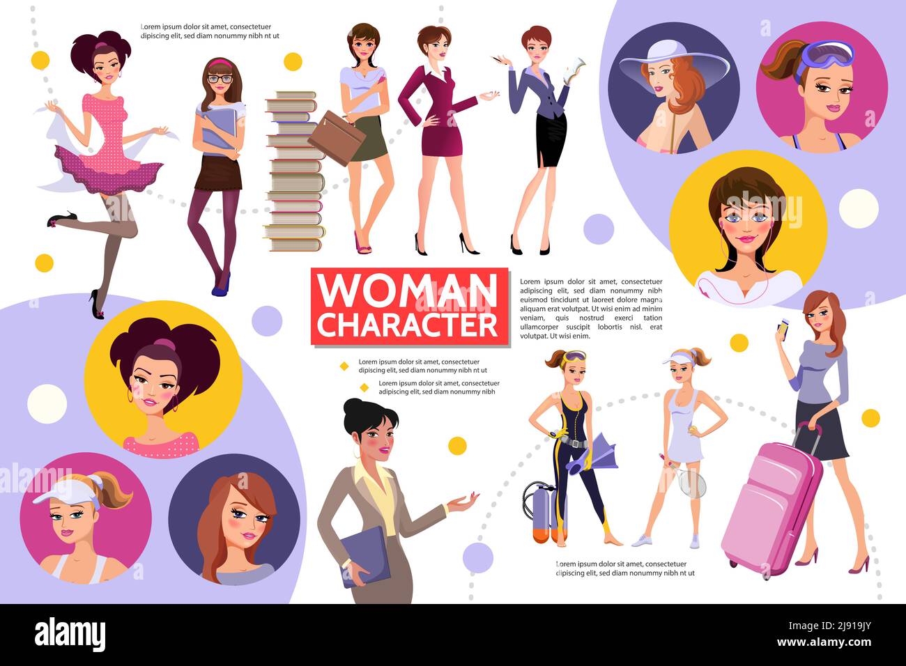 Flat woman characters infographic concept with different hairstyle sportswomen students businesswomen secretary tourist fashionable ladies girls in ca Stock Vector