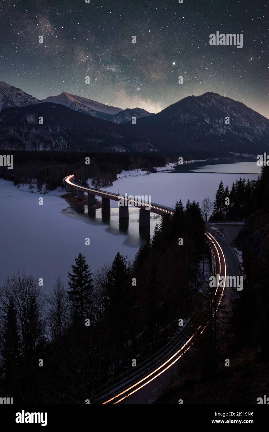 Bridge over Sylvensteinspeicher in the Bavarian Alps, taken in F, post processed using exposure bracketing Stock Photo