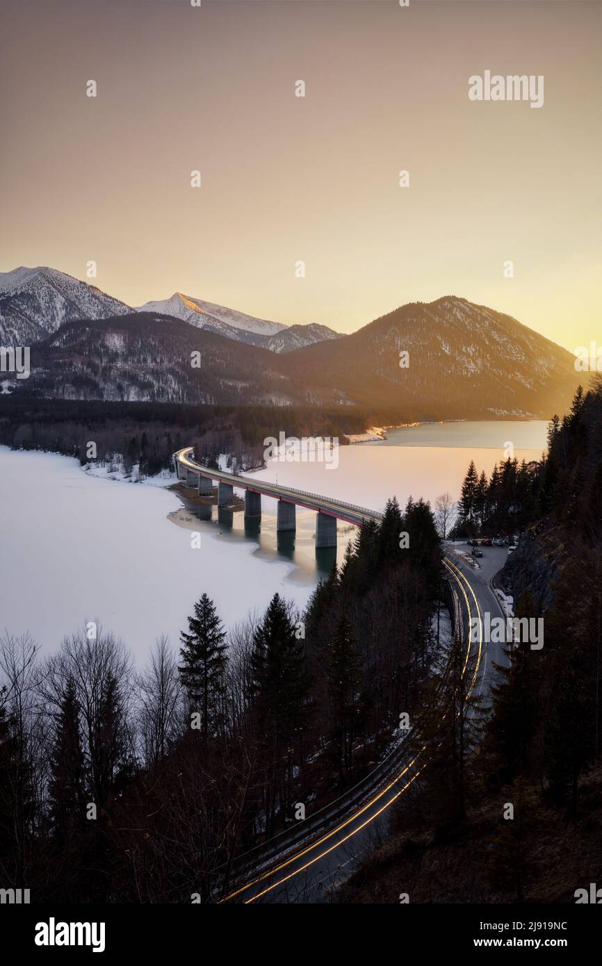 Bridge over Sylvensteinspeicher in the Bavarian Alps, taken in F, post processed using exposure bracketing Stock Photo
