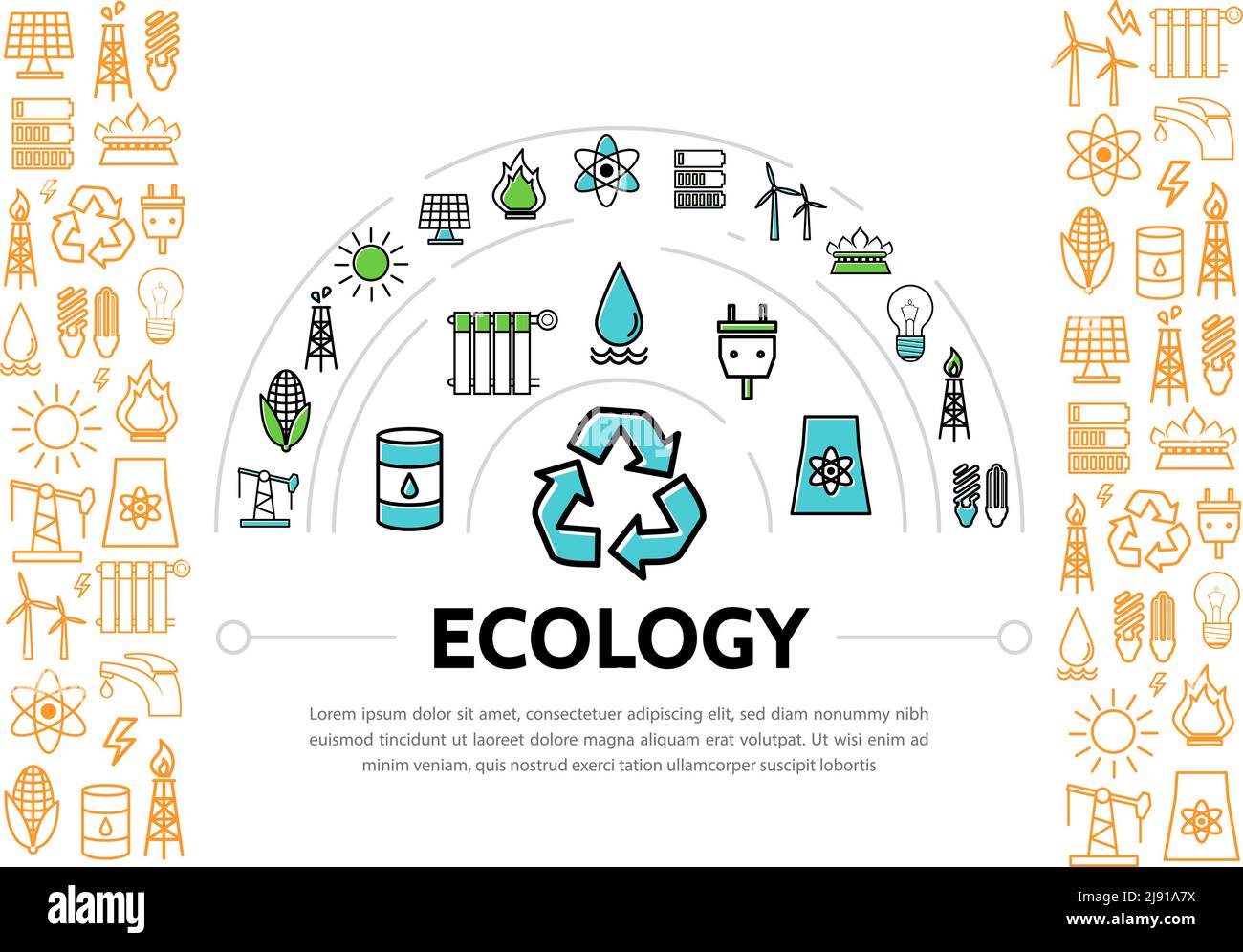 Ecology and energy template with radiator sun solar panel recycle bulb plug socket battery trash