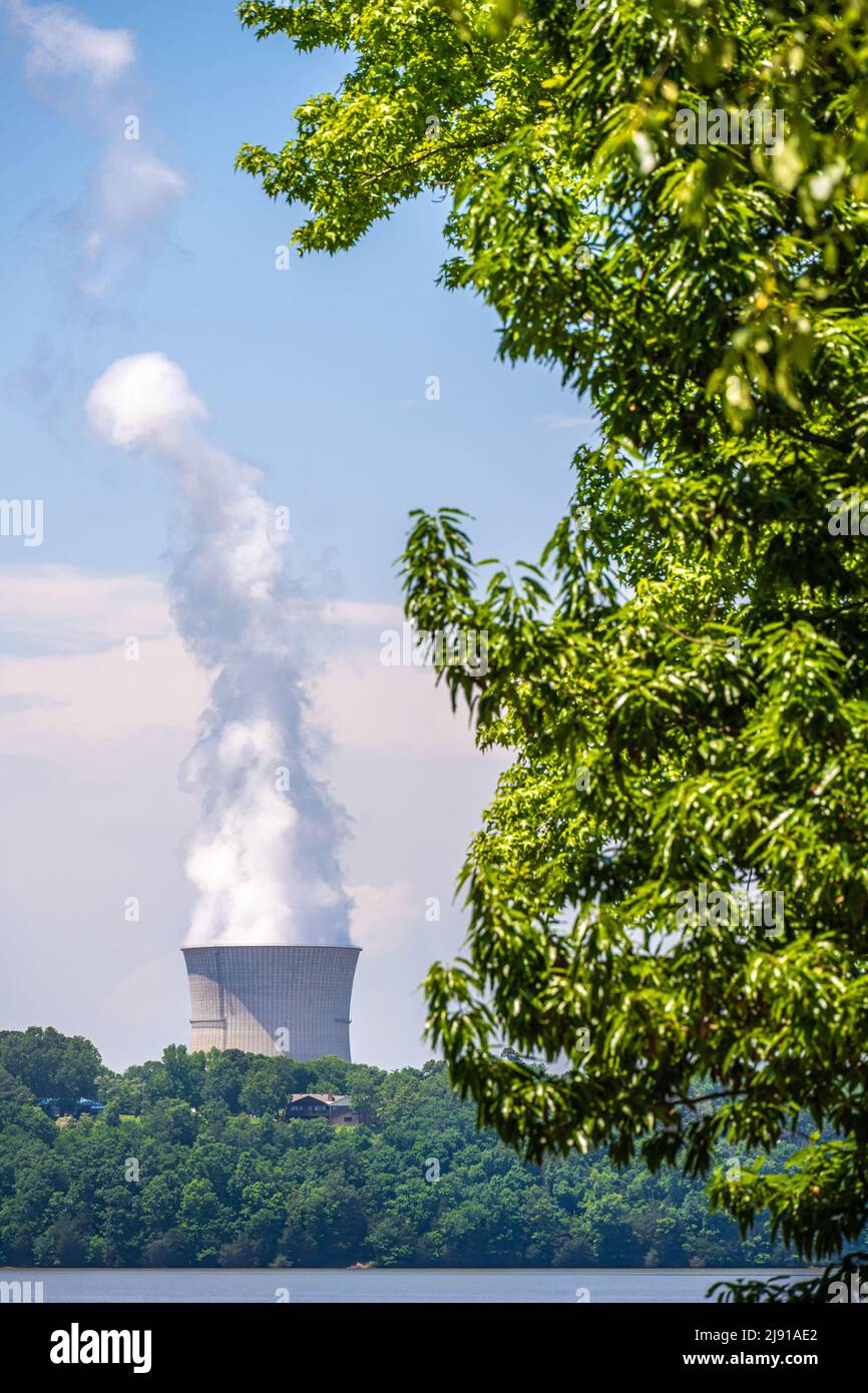 Arkansas Nuclear One cooling tower seen from across Lake Dardanelle at Lake Dardanelle State Park in Russellville, Arkansas. (USA) Stock Photo