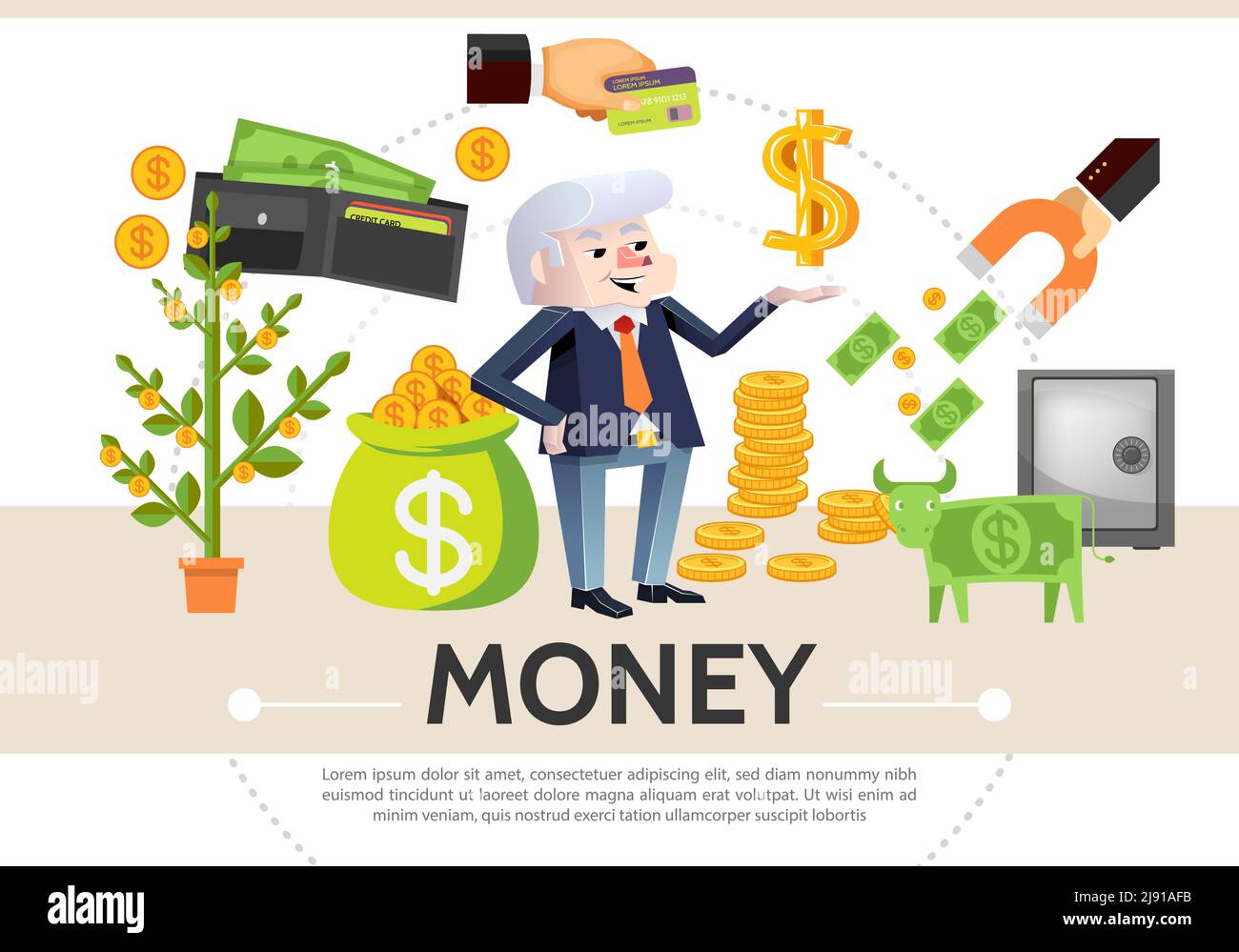 Flat cash icons composition with money tree payment card coins safe dollar cow wallet financial magnet businessman isolated vector illustration Stock Vector
