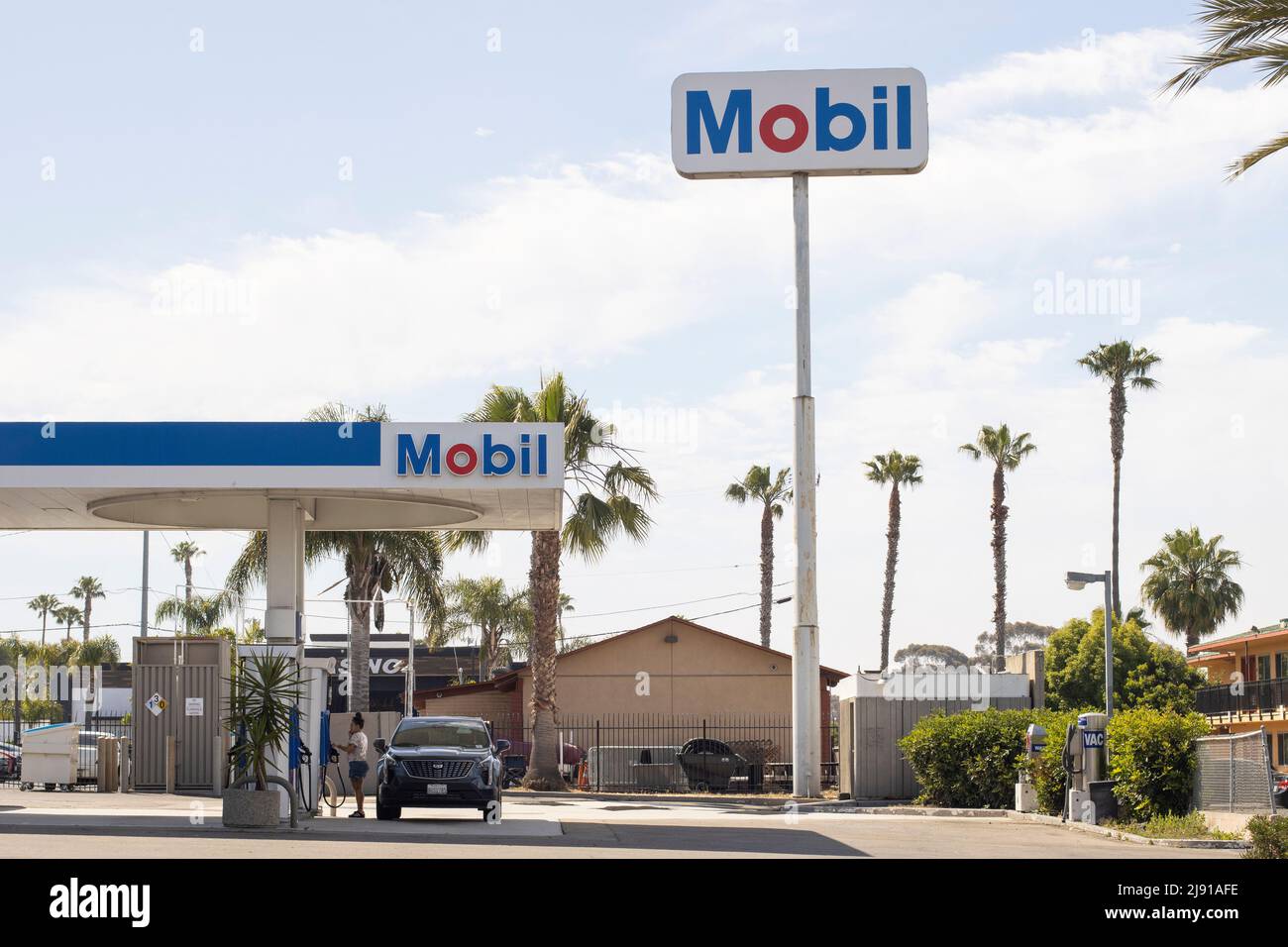 Mobil gas station in Oceanside, California, seen on Sunday, May 15, 2022. Stock Photo