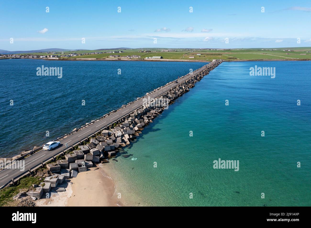 Aerial view of Churchill Barrier no.1 which links Mainland to Lamb Holm, Orkney Islands, Scotland Stock Photo