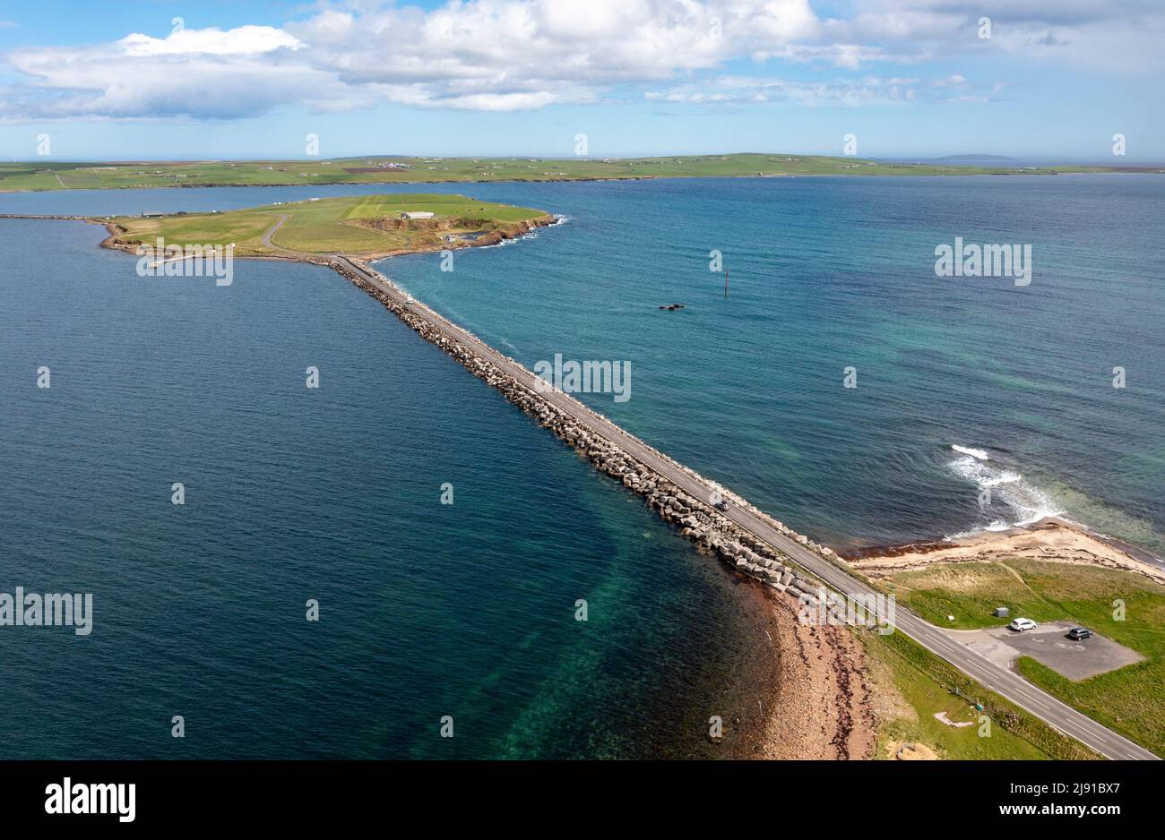 Aerial view of Churchill barrier No.2 which links Lamb Holm and Glimps Holm, Orkney islands, Scotland. Stock Photo