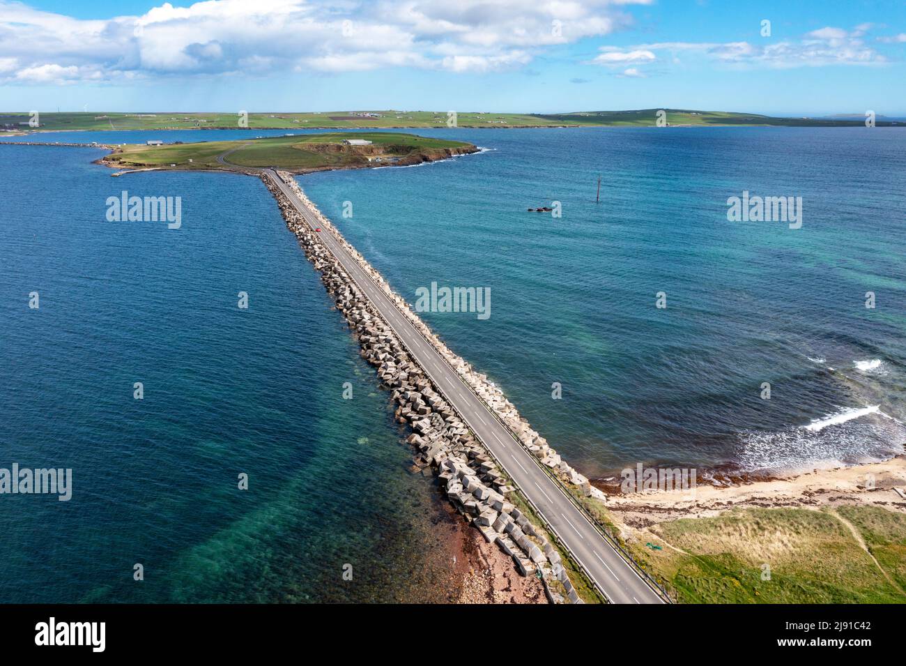 Aerial view of Churchill barrier No.2 which links Lamb Holm and Glimps Holm, Orkney islands, Scotland. Stock Photo