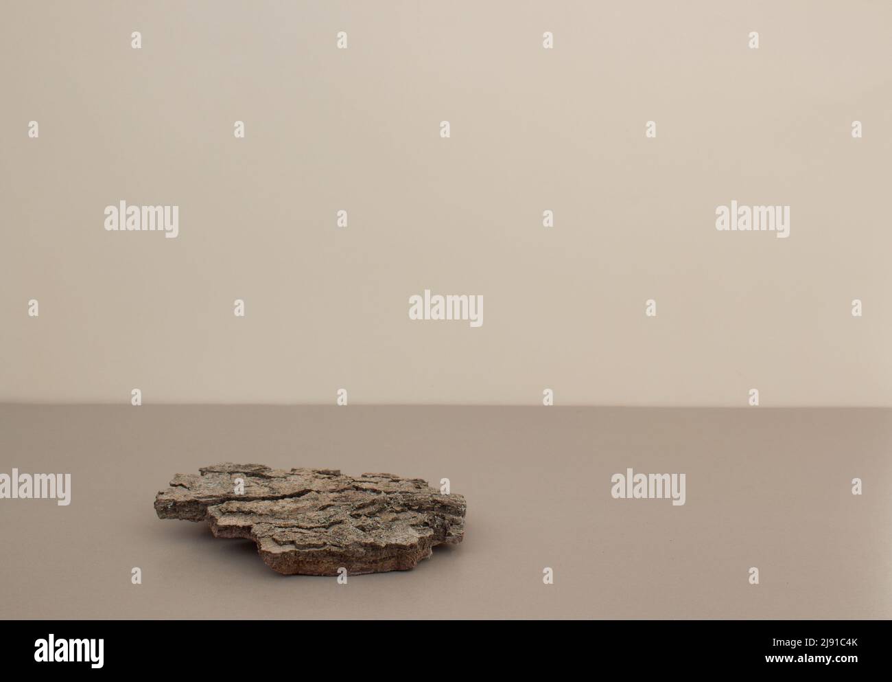 empty bark of tree podium minimalism on light beige background. Copy space, place for text  Stock Photo