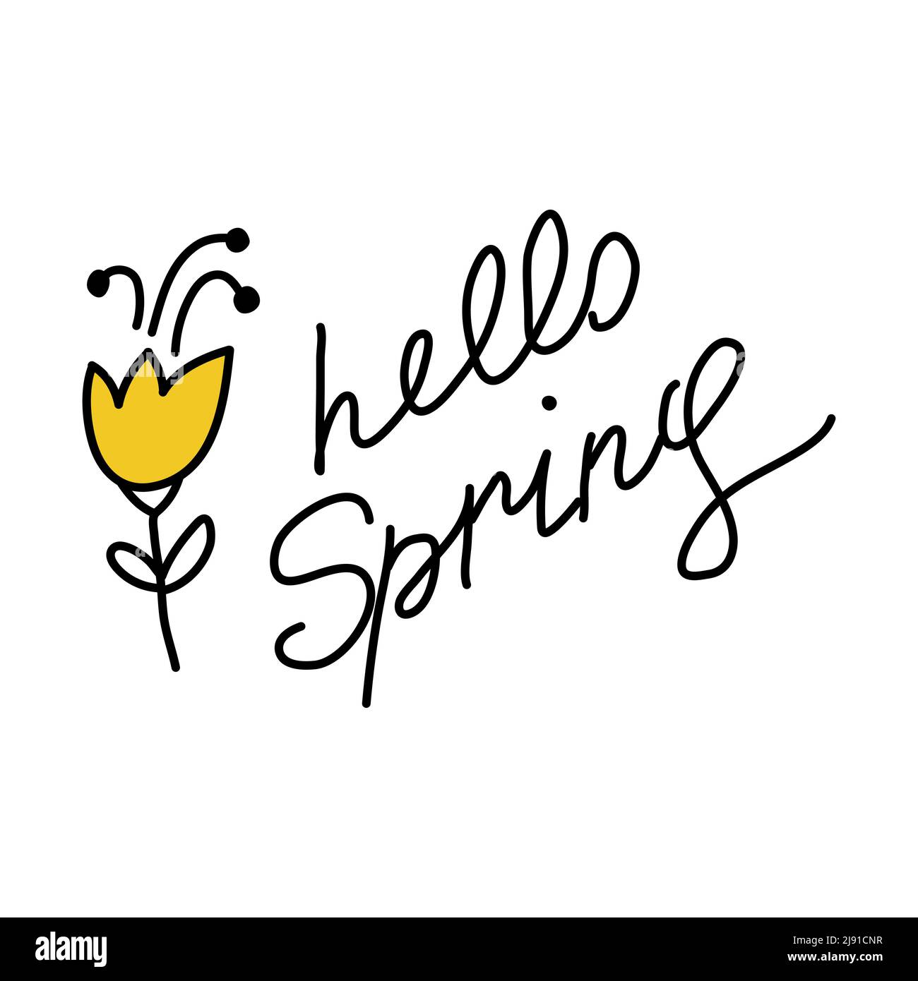 Cute doodle flower tulip. Sloppy lettering with phrase Hello Spring ...