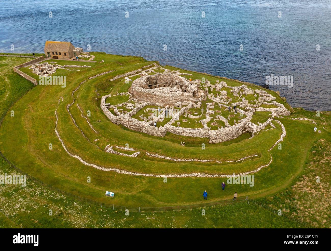 Aerial view of the Broch of Gurness is an Iron Age broch village on the northwest coast of Mainland Orkney in Scotland. Stock Photo
