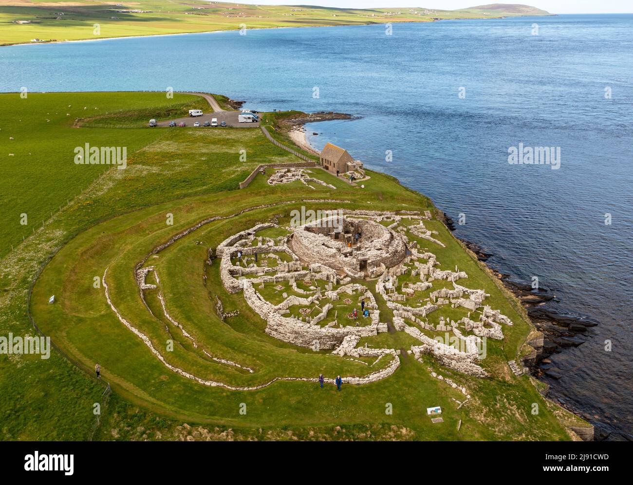 Aerial view of the Broch of Gurness is an Iron Age broch village on the northwest coast of Mainland Orkney in Scotland. Stock Photo