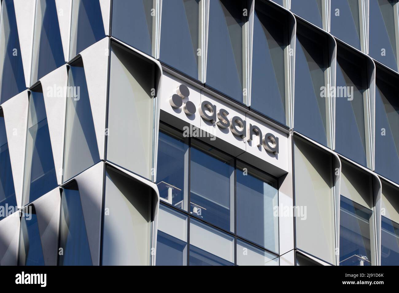 Asana logo is seen at its corporate headquarters in San Francisco, California, on Sunday, May 1, 2022. Stock Photo