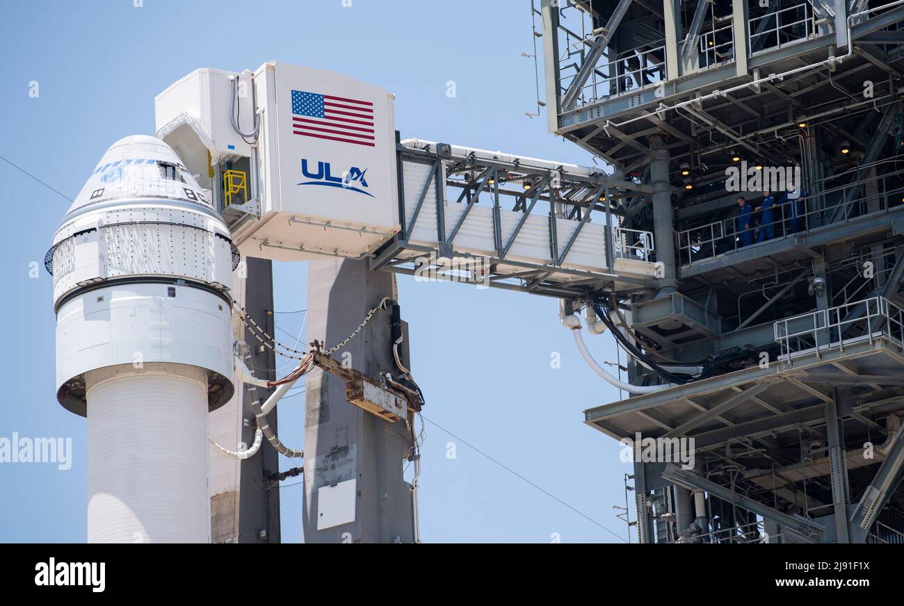 Cape Canaveral, United States of America. 18 May, 2022. The crew access arm attached to the United Launch Alliance Atlas V rocket carrying the Boeing CST-100 Starliner spacecraft aboard at Space Launch Complex 41 as it prepares for launch, May 18, 2022 in Cape Canaveral, Florida. The Orbital Flight Test-2 will be second un-crewed flight test and will dock to the International Space Station and is expected to lift off May 19th. Credit: Joel Kowsky/NASA/Alamy Live News Stock Photo