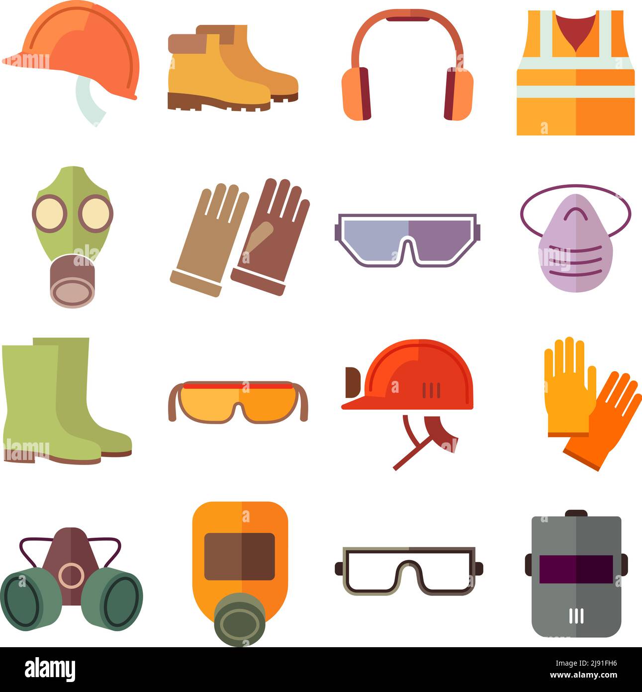 Flat job safety equipment vector icons set. Safety icon, helmet