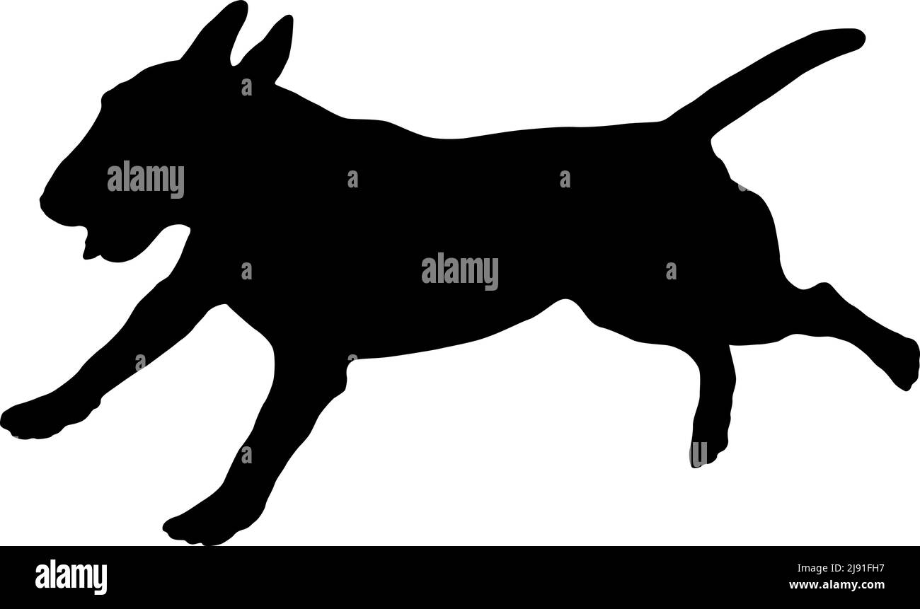 Running miniature bull terrier puppy. Black dog silhouette. Pet animals. Isolated on a white background. Vector illustration. Stock Vector
